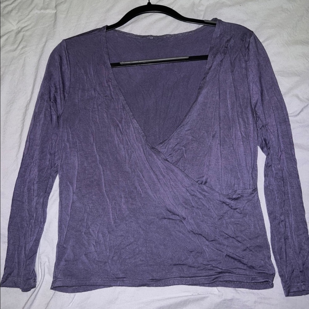 Purple V Neck Cross Wrap Long Sleeve Top